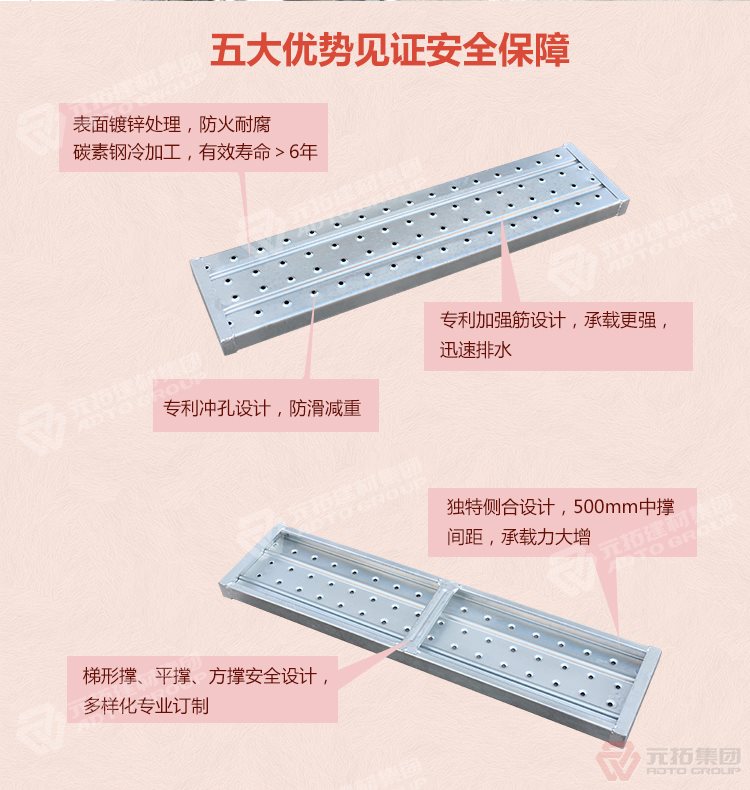 元拓 建筑鍍鋅沖孔掛鉤鋼踏板 鍍鋅鋼跳板 浙江廠(chǎng)家現(xiàn)貨 五大優(yōu)勢(shì)見(jiàn)證安全保障，表面鍍鋅處理，防火耐腐，碳素鋼冷加工，壽命大于6年，加強(qiáng)筋設(shè)計(jì)，專(zhuān)業(yè)沖孔，防滑設(shè)計(jì)，